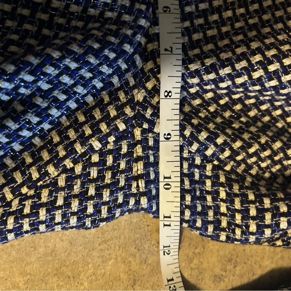 J. Crew pants - “Cafe Capri” silk/cotton blend black/white/royal blue tweed